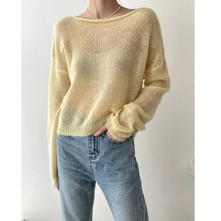 Loose Solid Color Round Neck Long Sleeve Thin Knitted Sweater