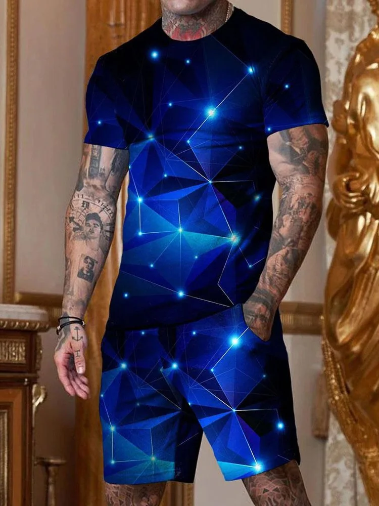 Men's casual black and blue printed round collar suit.jpg