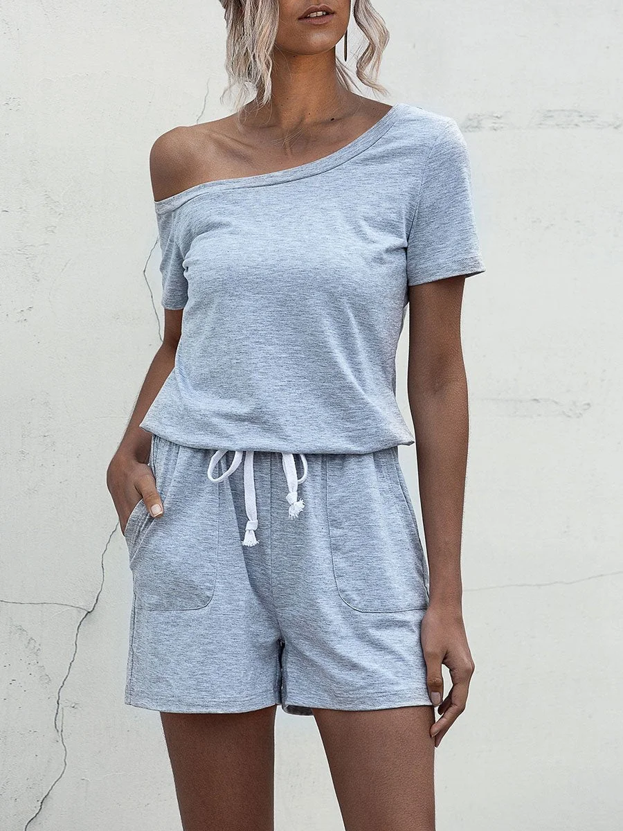 Off-shoulder Short Sleeve Pocket Lace-up Romper