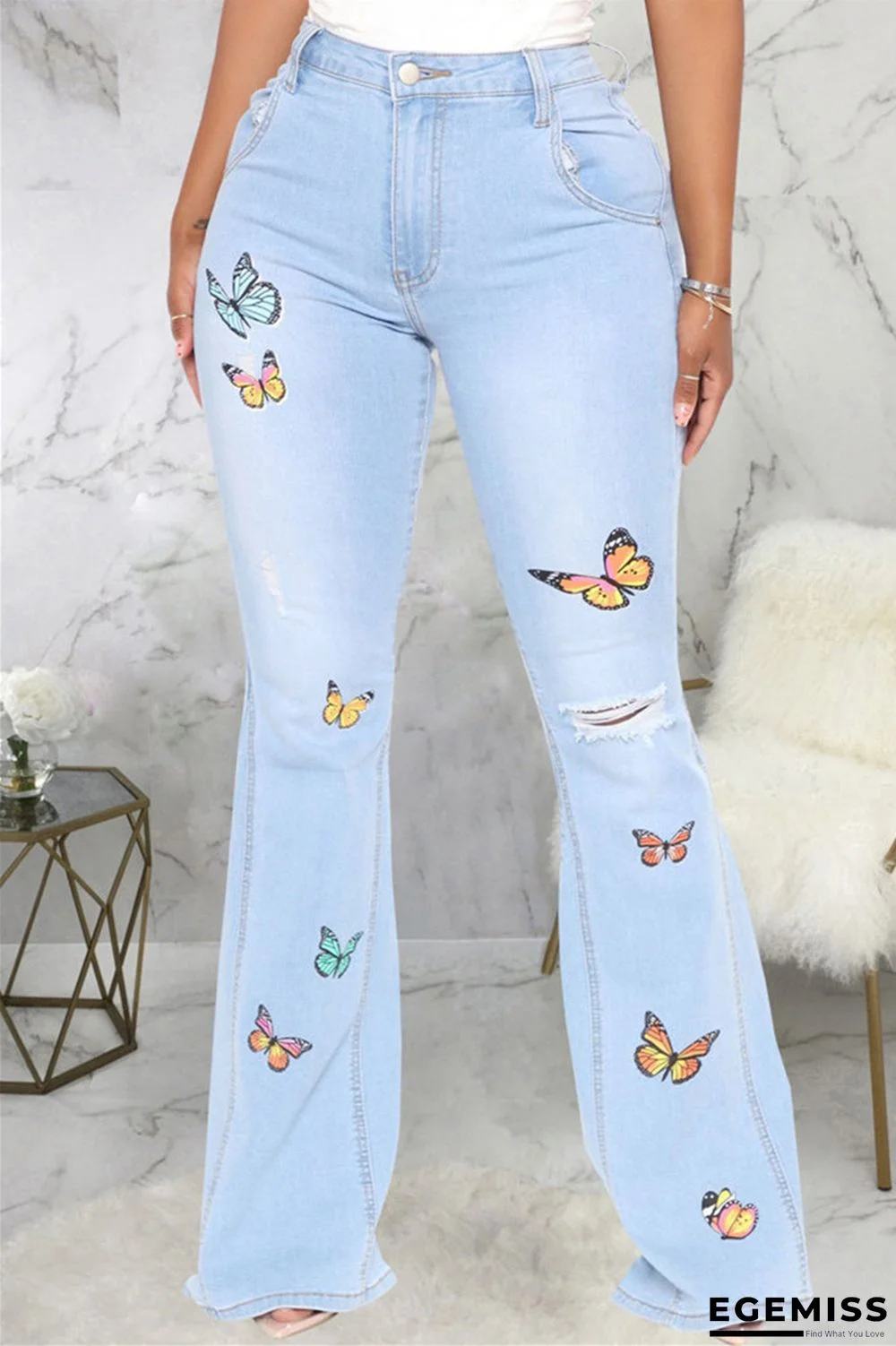 Baby Blue Fashion Casual Embroidery Ripped High Waist Regular Denim Jeans | EGEMISS