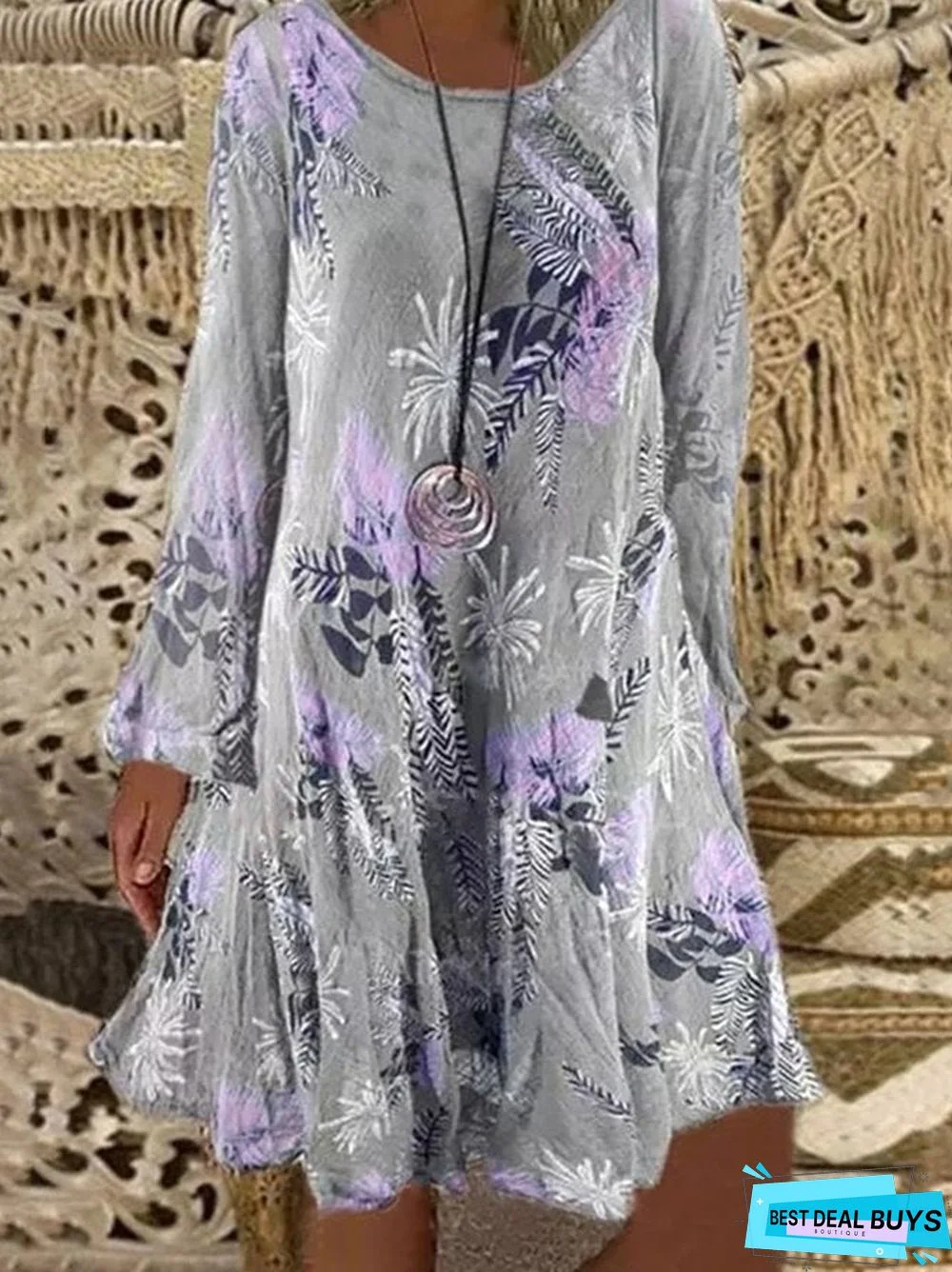 Gray Floral Printed Casual Vintage A-Line Long Sleeve Dresses