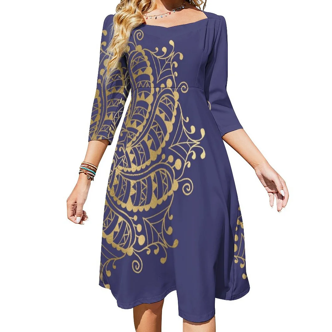 Gold Mandala Navy Blue Boho Dress Sweetheart Tie Back Flared 3/4 Sleeve Midi Dresses