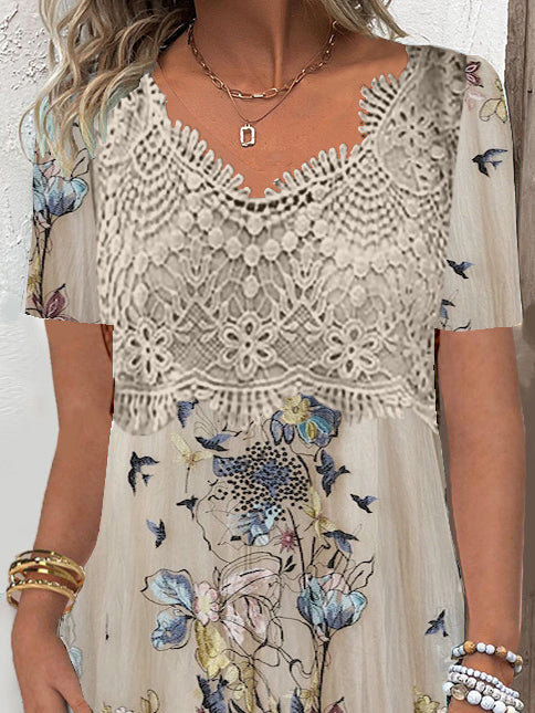 Women's Short Sleeve V-neck Floral Printed Lace Stitching Midi Dress