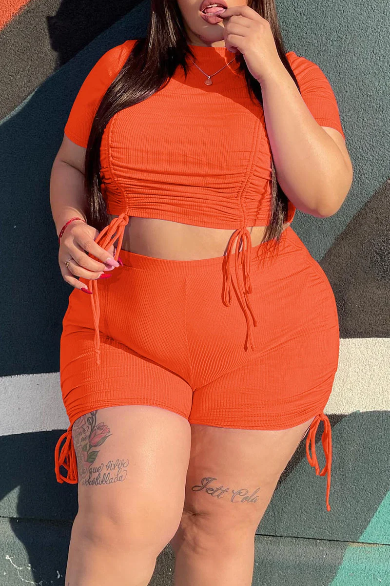 Orange Fashion Casual Solid Draw String Frenulum O Neck Plus Size Two Pieces | EGEMISS
