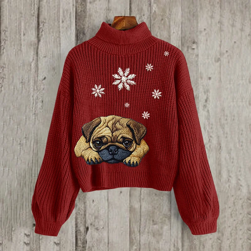 Cute Sleepy Pug Christmas Snowflake Embroidery Puppy Art Cozy Turtleneck Sweater