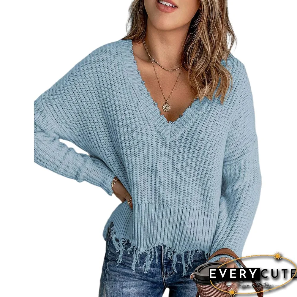 Light Blue V Neck Cotton Tasseled Knit Sweater