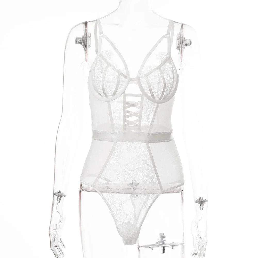 Yimunancy Floral Lace Bodysuit Women Lace Up Mesh Bodysuit Ladies 2020 Sexy Teddies Bodysuit