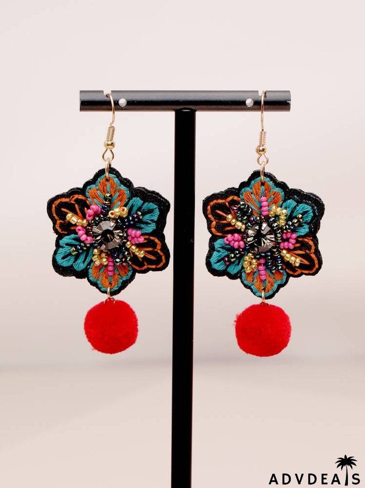 Embroidered Flower & Pom Pom Drop Earrings