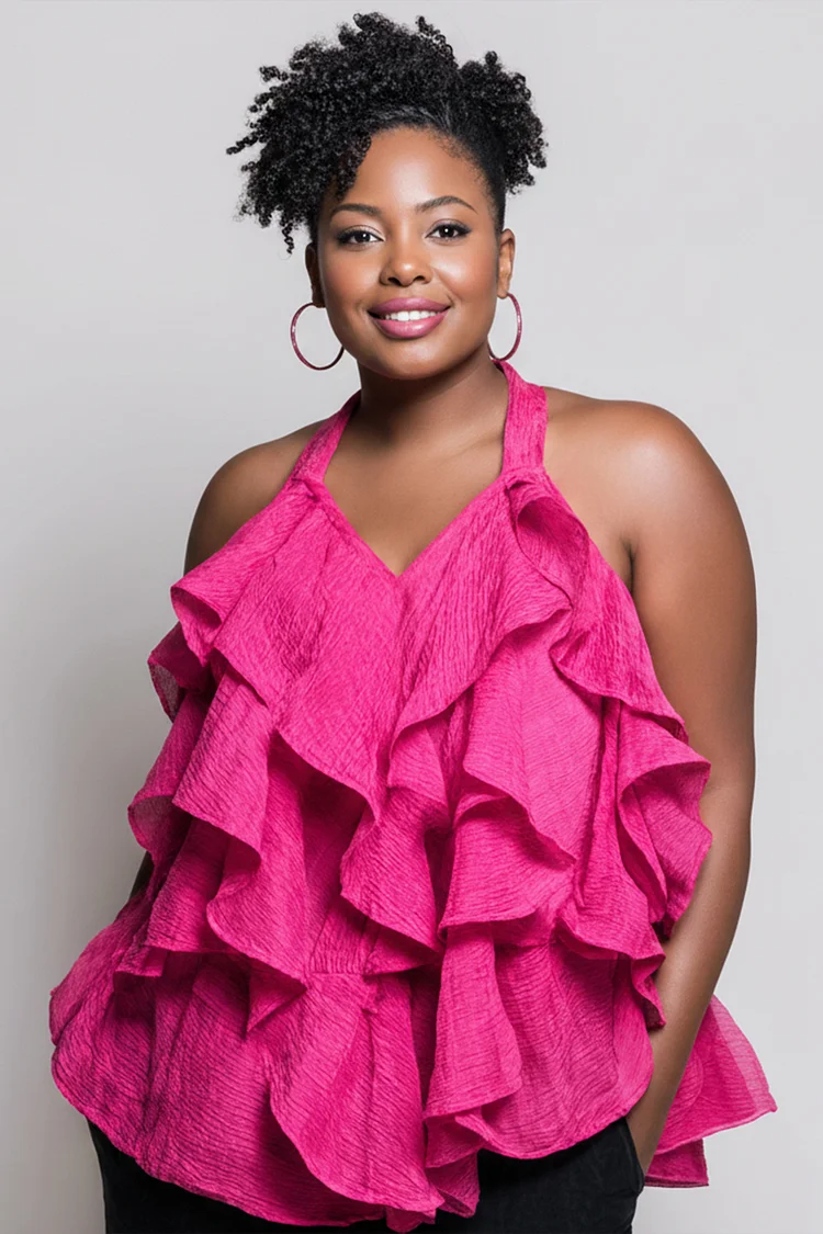 Xpluswear Design Plus Size Vacation Sundress Hot Pink Halter Collar Ruffle Tiered Tank Tops [Pre-Order] 2024 - Xpluswear