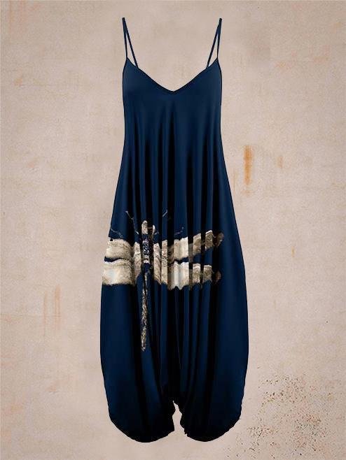 Ladies Summer Dragonfly Print Sleeveless Harem Jumpsuit