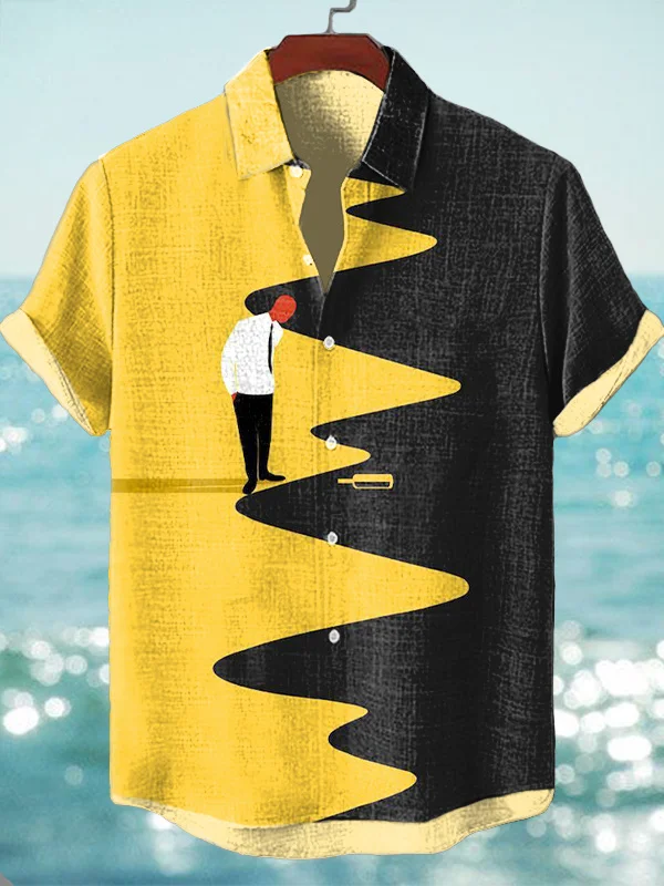 Men's Contrast Color Fun Art Seaside Wine Bottle Print Shirt