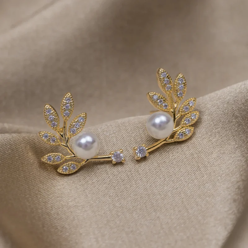 Pearl & Crystal Leaf Earrings
