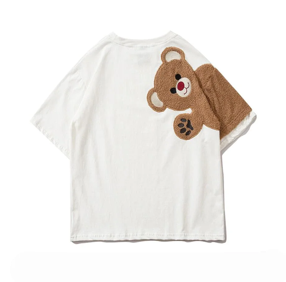 Jangj Bear Kawaii Women T Shirts 100% Cotton T-Shirts Short Sleeve Embroidery Cute Tee O-Neck Loose Couple Paired Clothes Top