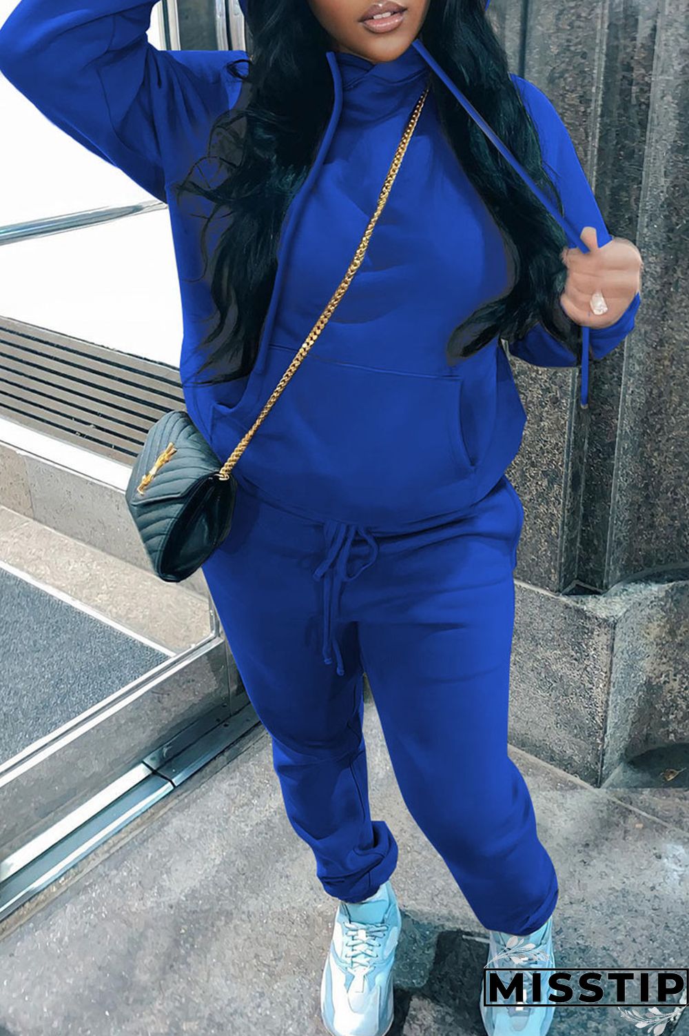 Blue Casual Solid Patchwork Hooded Collar Long Sleeve Two Pieces