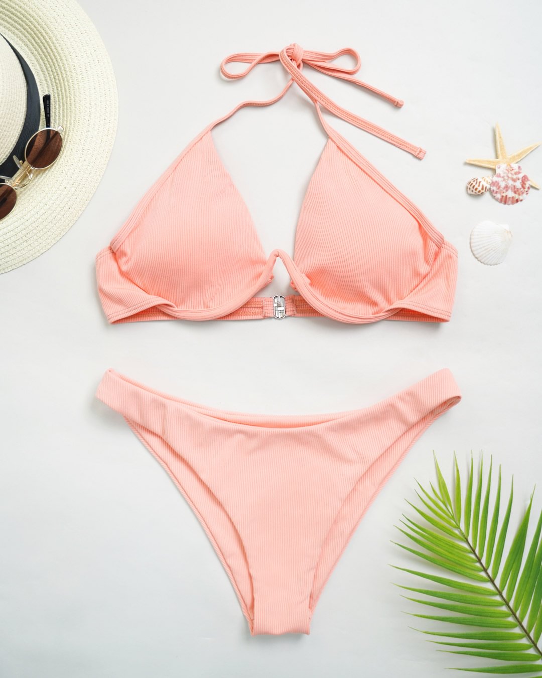 FashionV-FashionV Pink Ribbed W-wired Underwire Halter Thong Bikini Swimsuit Set