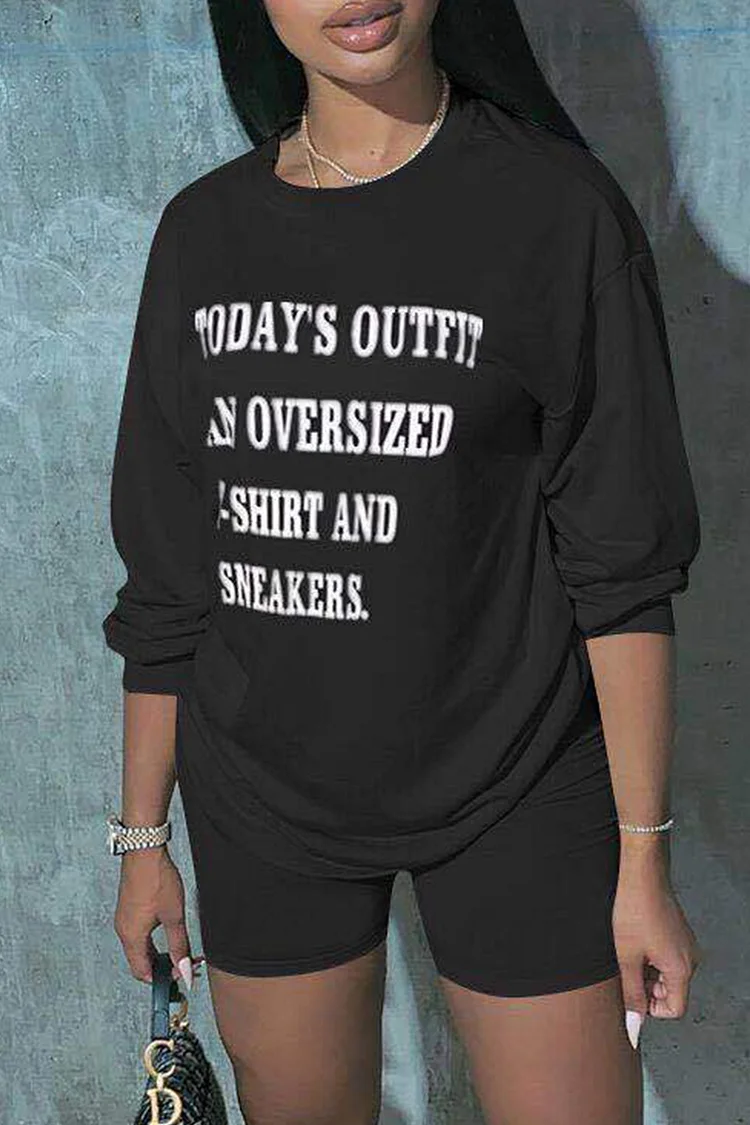 Black Fashion Casual Letter Print Basic O Neck Short Sleeve Two Pieces