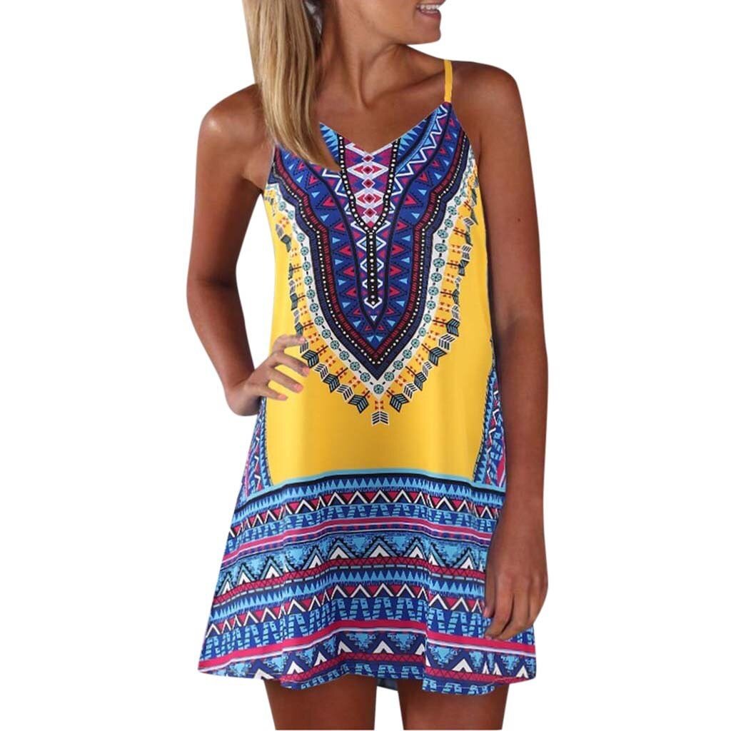 Vintage Casual Sundress Female Beach Boho Dress Mini Sexy Backless Plus Size Women Dress 2020 Summer Print Sleeveless Dresses