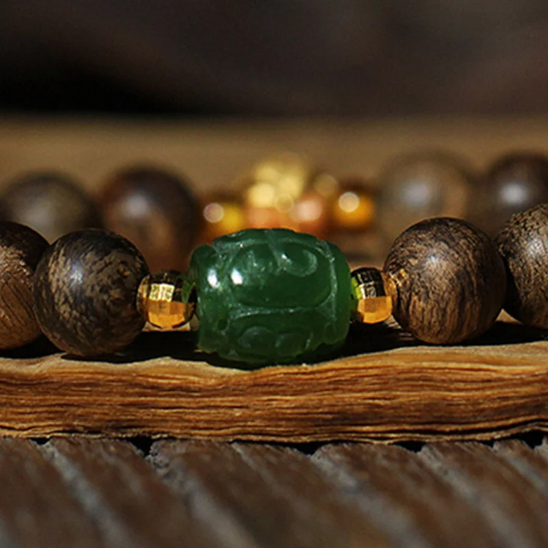 999 Gold Brunei Agarwood Cyan Jade Lotus Flower Peace Strength Bracelet