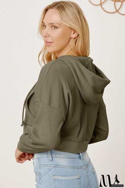 MidiSono - Waffle-Knit Drawstring Zip Up Hoodie