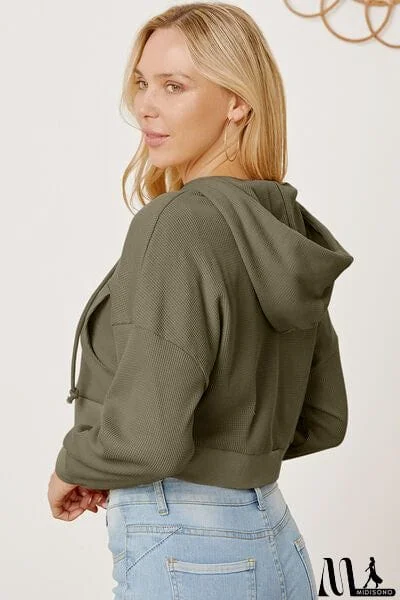MidiSono - Waffle-Knit Drawstring Zip Up Hoodie