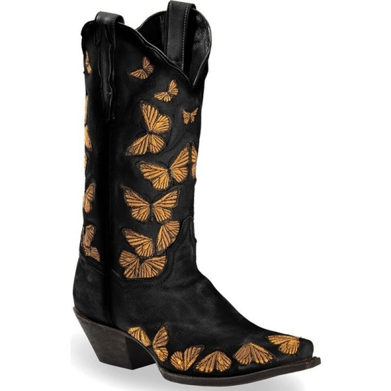Women's ethnic butterfly embroidered cowboy boots mid calf pointed toe western boots - vzzhome