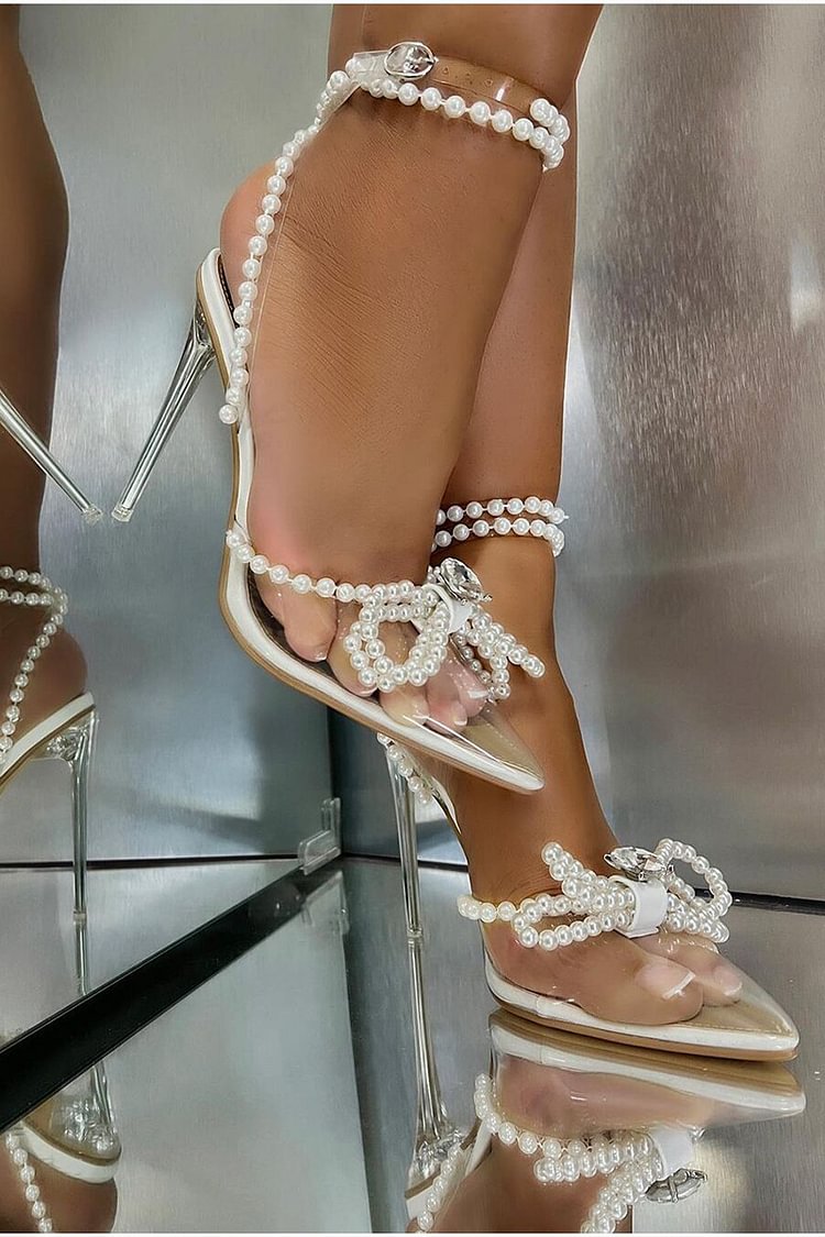 Pearl Bow See Through Pointy Toe High Heel Sandals