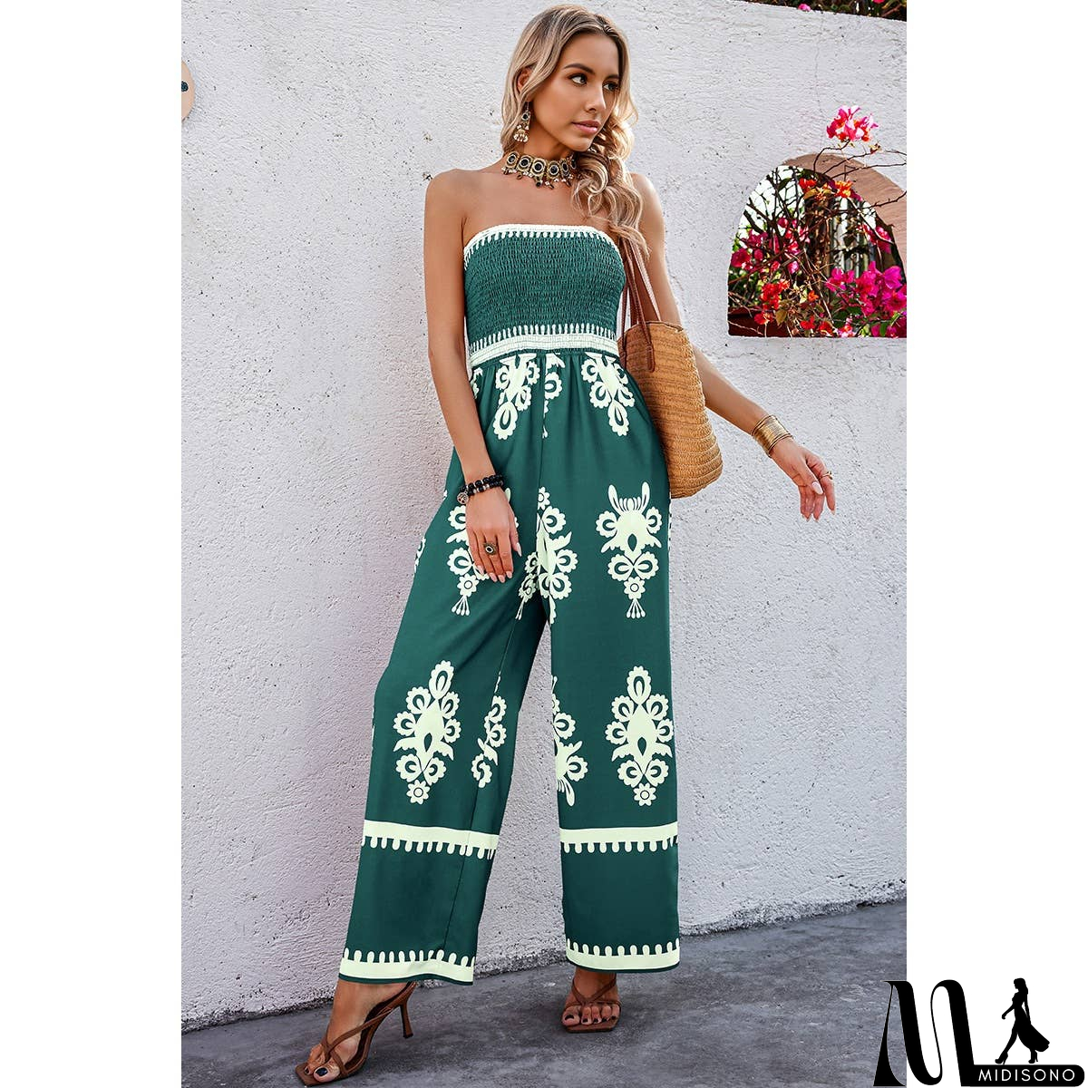 MidiSono - Off Shoulder Ruched Printed High Waist Jumpsuit