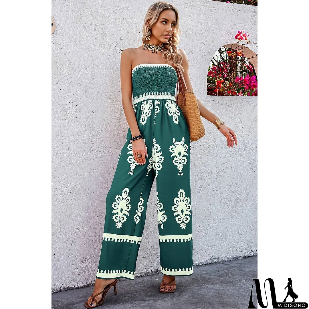 MidiSono - Off Shoulder Ruched Printed High Waist Jumpsuit