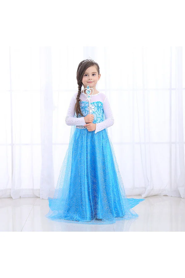 Halloween Long Sleeve Sweet Dress Little Girl Frozen Elsa Costume Blue-elleschic