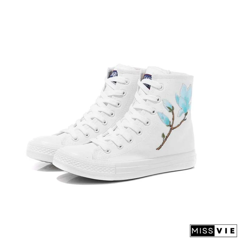 Vintage Blossom Embroidery Lace Up Zipper Canvas Shoes
