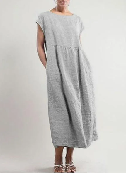 Solid color sleeveless loose cotton and linen pocket dress socialshop