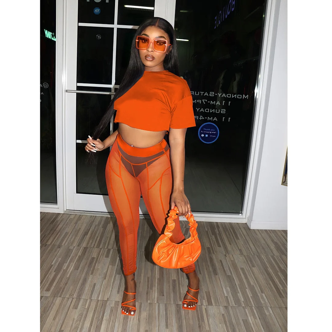 CM.YAYA Beach Sexy Women 2pcs Set Short Sleeve Tee Mesh See Though Leggings Set Sweatsuit Tracksuit Two Piece Set Outfits 2022