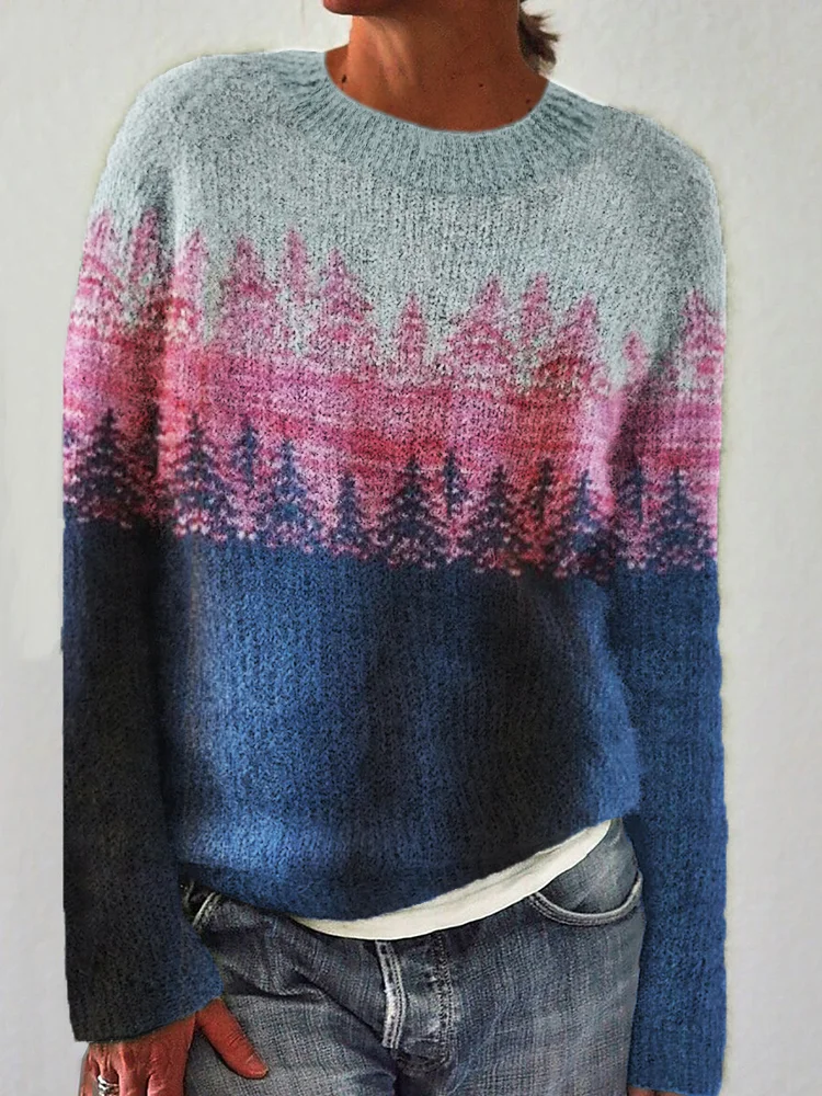 🔥kukelife🔥Forest Silhouette Colorblock Cozy Knit Sweater