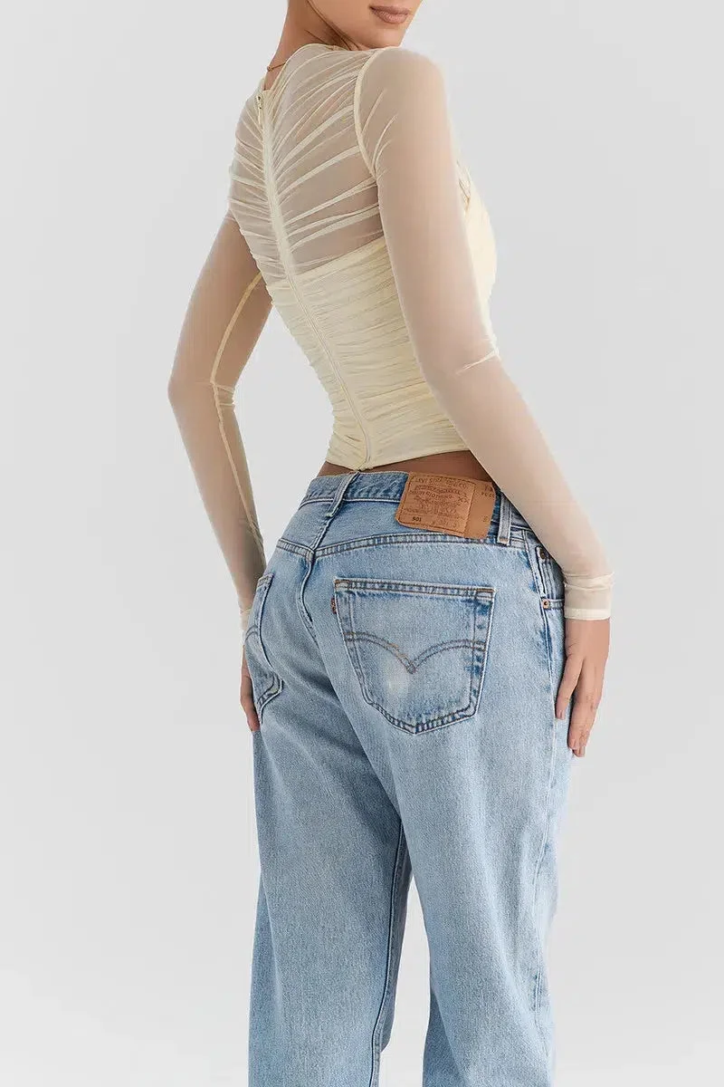 Brownm Sheer Zip-Up Mesh Top