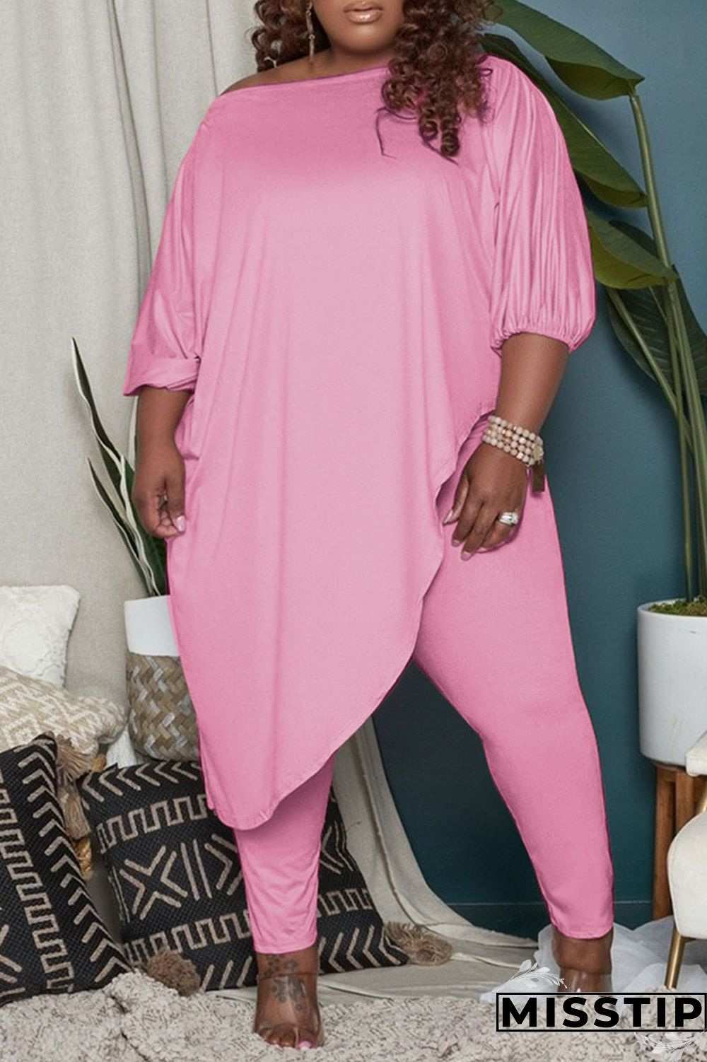 Green Fashion Casual Solid Asymmetrical Oblique Collar Plus Size Two Pieces