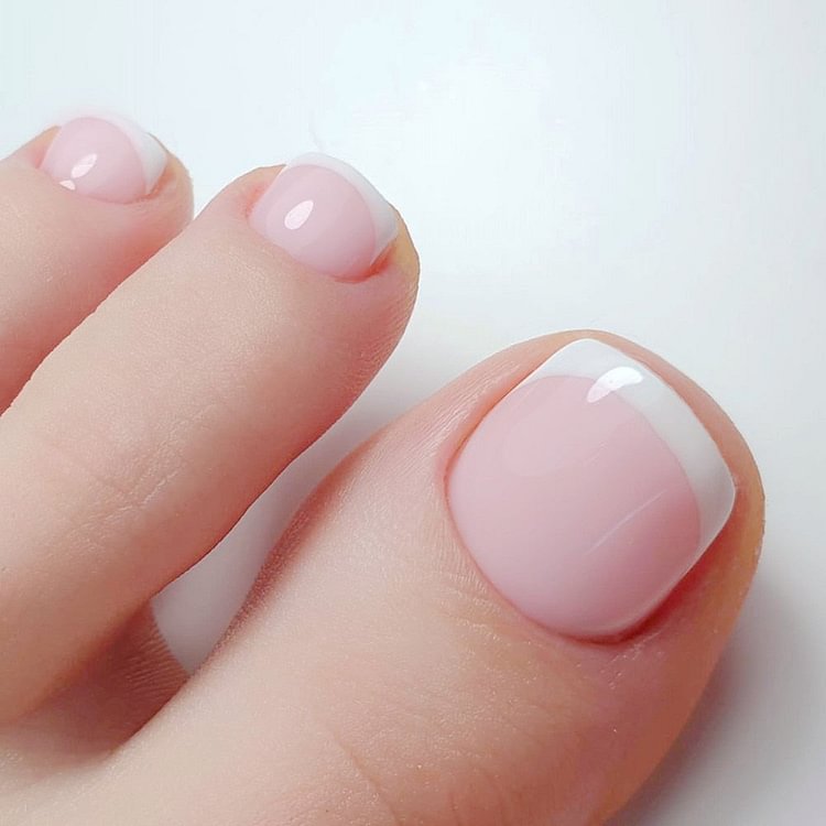 24Pcs Shiny Light Pink Artificial False Toe Nails Classic French Fake Toenails With Design Press On Manicure Tools