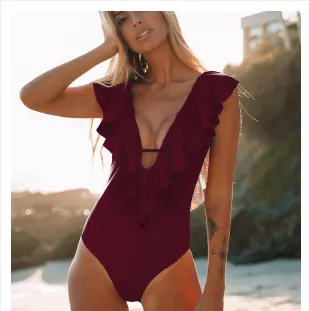 Brownm Printed Flowers Even Lotus Leaf Side Body Swimsuit Women 2025 New Swimsuit Bare Back
