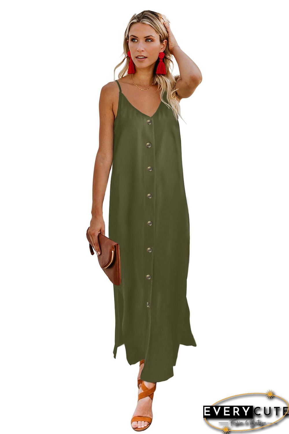 Green Button Slip Long Dress