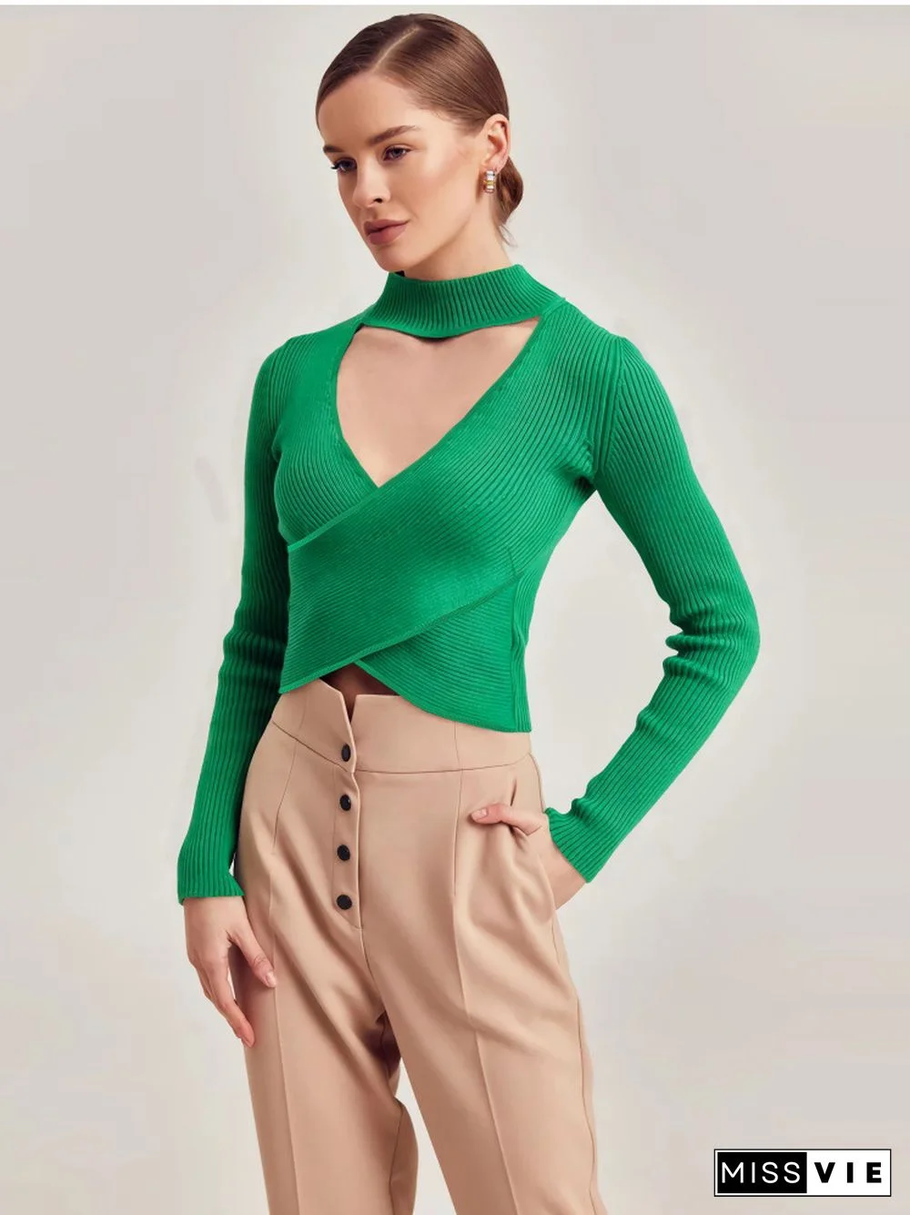 Spring Autumn Sexy Top Women's Fashion Casual Green Knit Hollow Out Vintage Long Sleeve Female Pullovers Tops Tee Shirt Femme