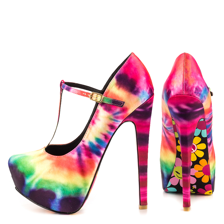 Multi-Color Printed Platform Pumps T-Strap High Heels |FSJ Shoes
