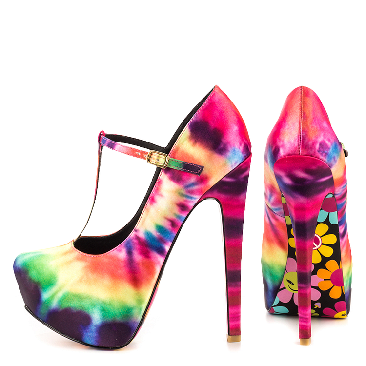 Multi-Color Heels T Strap Pumps Platform Shoes |FSJ Shoes