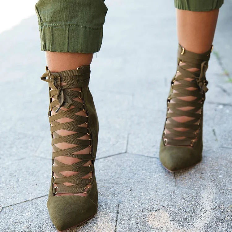 Olive Green Lace Up Ankle Booties with Stiletto Heels in Soft Suede Vdcoo