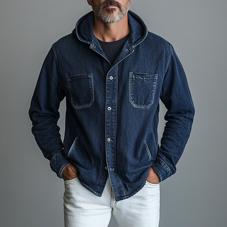 Men's Casual Denim Button Up Long Sleeve Hooded Shirt