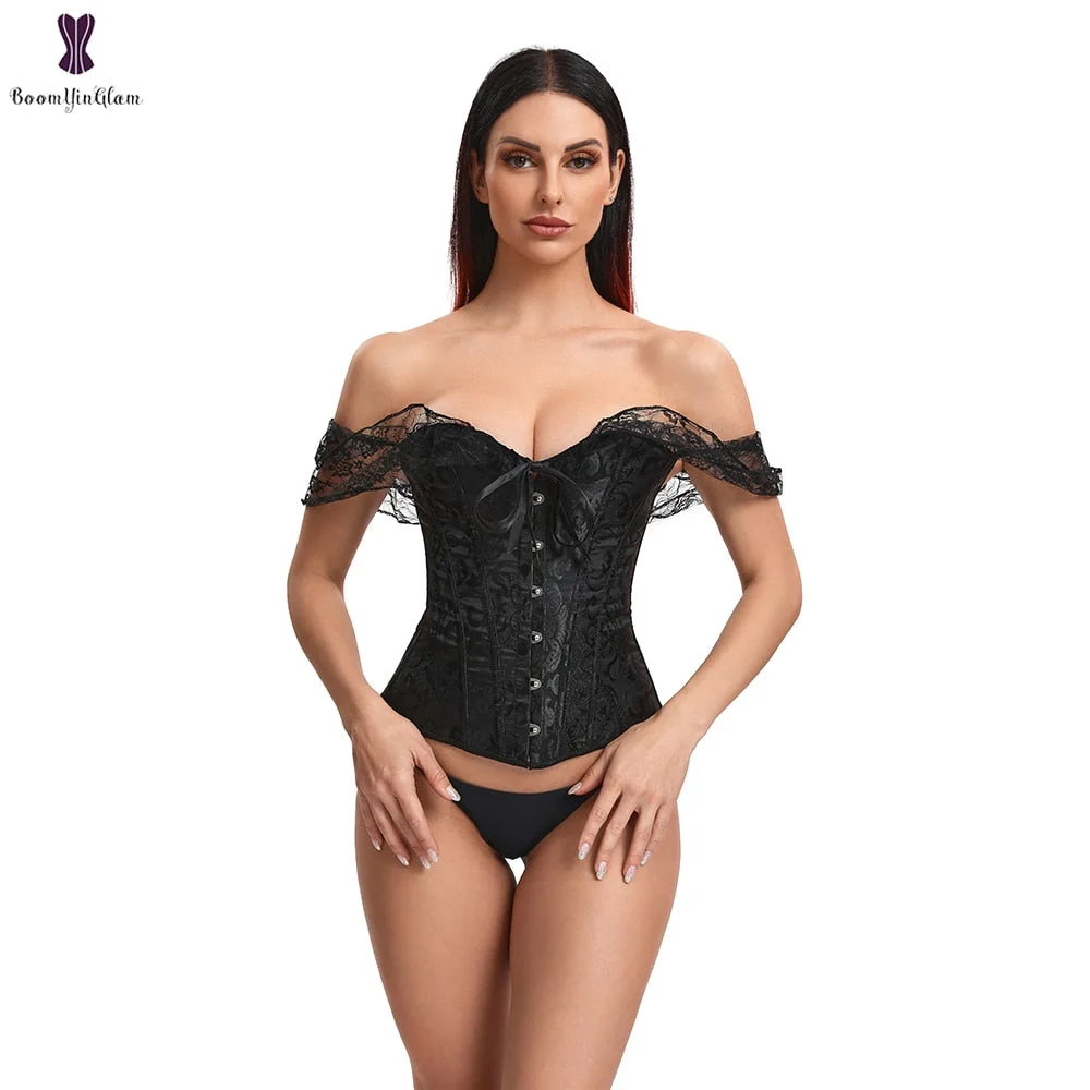 Women Short Sleeve Corset White Black Waist Bustier Tops Overbust Korset