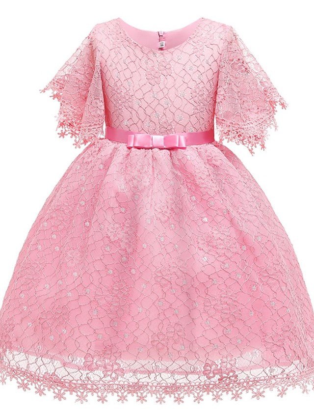 Oknass Short Sleeve Jewel Neck Ball Gown Knee Length Flower Girl Dress With Bow