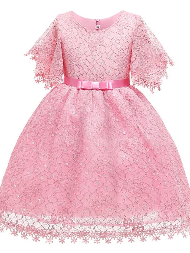 Hellodresses Short Sleeve Jewel Neck Ball Gown Knee Length Flower Girl Dress With Bow