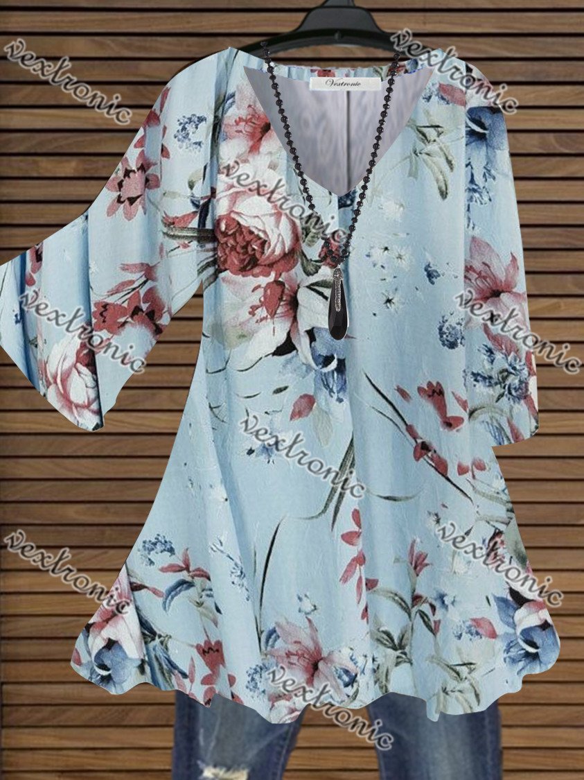 Women Long Sleeve V-neck Graphic Floral Printed Top
