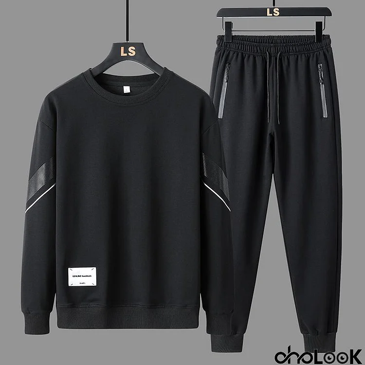 Men Spring Autumn Leisure Sports Stripe Long Sleeve Sweatshirts Pants Plus Size Sets