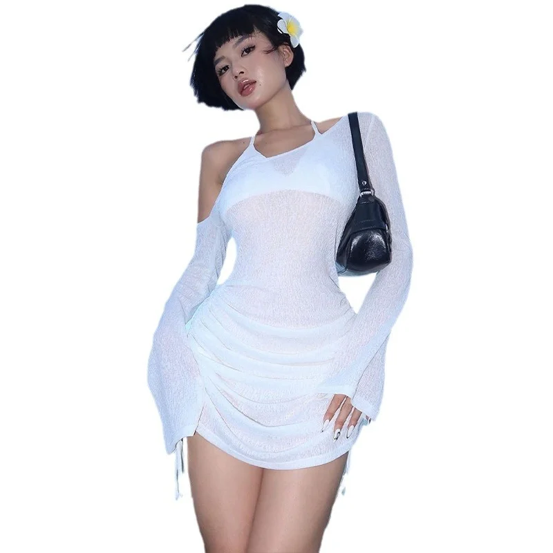 Uveng Uveng Spring And Summer New Sexy Fashion Wrinkle Hood Perspective Diagonal Collar Seaside Beach Dress