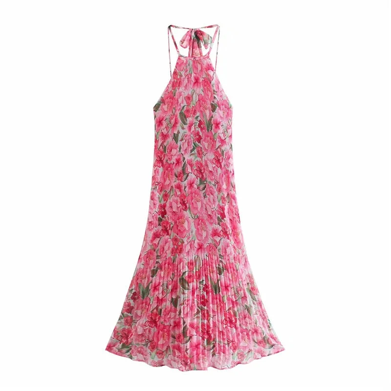 Floral Print Crincle Midi Dress Halter Backless Knot Tie Oversize Long Dresses With Lining Pink Fashion Summer Casual Vestidos